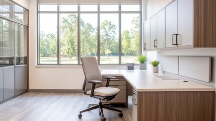 Fototapeta premium Modern office with desk and chair near large window overlooking trees