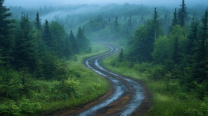 Fototapeta premium Misty forest road winding through lush greenery. Scenic travel background