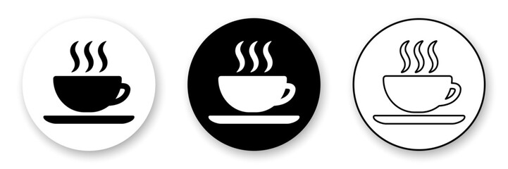 Hot drink round icons collection. Set of three variants in black and white colors.
