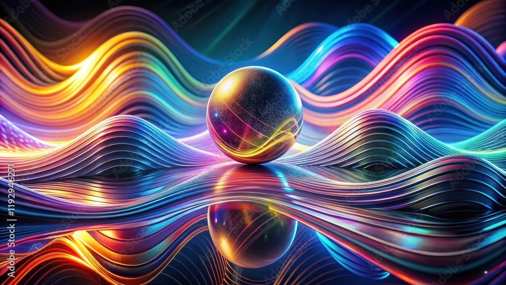 Poster abstract iridescent sphere resting on vibrant, flowing waves of light