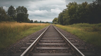 Fototapeta premium Straight railway tracks vanishing into the distance, flanked by lush green fields and trees under a cloudy sky.