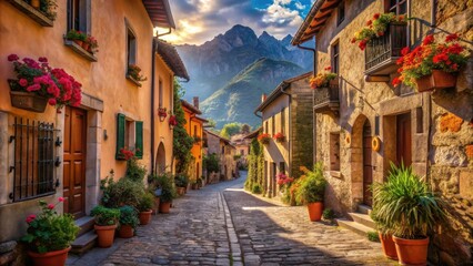 Fototapeta premium Sunlit cobblestone street in a quaint village nestled amongst majestic mountains, adorned with vibrant flower boxes and charming architecture.