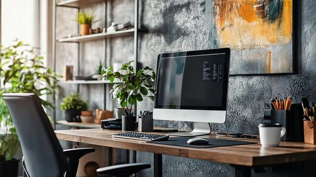 Modern Home Office Workspace with iMac, Plants, and Minimalist Decor