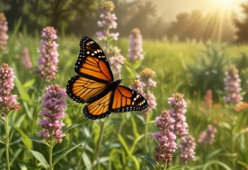 Obraz premium A monarch butterfly flutters around a patch of milkweed in a sunny meadow, wildlife, foliage, greenery