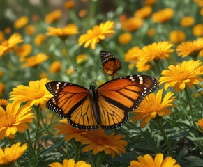 Fototapeta premium A monarch butterfly resting on a sea of golden calendula flowers, petals, outdoor