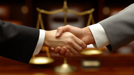 Professional lawyer shaking hands in an office and scales of justice on the desk in the background.