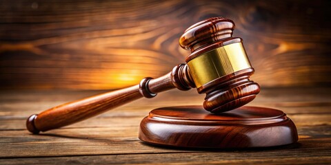 The wooden gavel, a symbol of justice, signifies legal authority within the courtroom, representing the judicial system's power.
