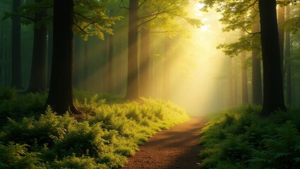 Obraz premium Serene Forest with Warm Golden Sunlight