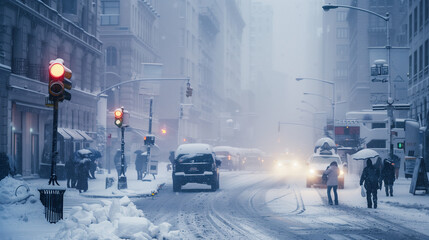 Snow covered city street during a heavy snowfall. Lots of snow on the sidewalk, cars and big snowdrifts. the city road in snow storm blizzard, bad cold weather and hard drawing conditions34