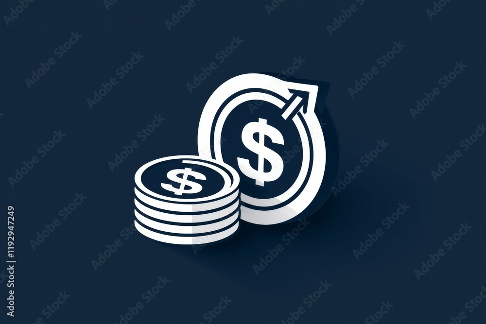 Poster stack of coins and dollar symbol with upward arrow on dark background