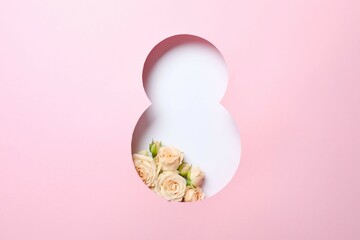 8 March greeting card design with flowers, top view. Happy International Women's Day