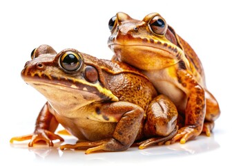 Two stylish frogs in a high-fashion studio portrait.  Brown amphibian models.