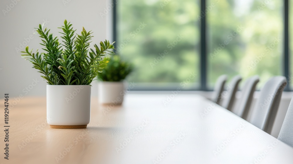 Poster potted plant sitting on empty modern office desk with chairs and window in background