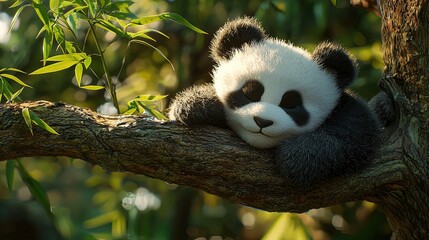 Obraz premium Adorable baby panda sleeping peacefully on a tree branch in a bamboo forest.
