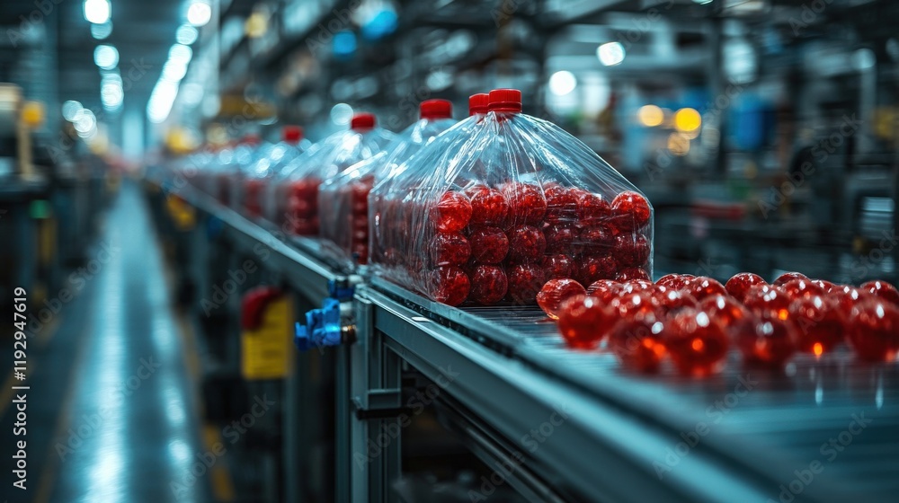 Poster bottled red fruits on conveyor belt in industrial factory setting with soft focus background and pro