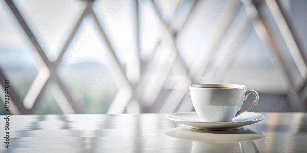 Poster A steaming cup of coffee on a saucer rests on a reflective surface, set against a blurred backdrop of an abstract geometric window