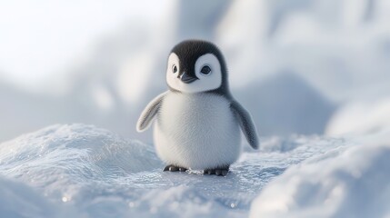 Adorable baby penguin standing on ice, snowy background.