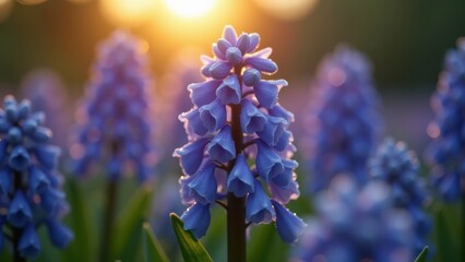 Beautiful Purple Hyacinth Flowers with Dewdrops at Sunset


