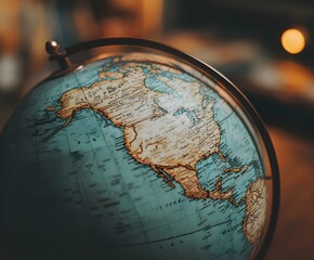 Close-up of a modern globe with glowing accents marking major cities.