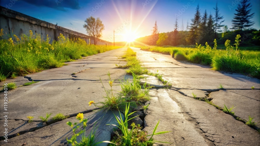 Poster sunlit path weathered road with cracks and blooming flora at golden hour