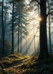 A peaceful evening in the woods with soft light, colors, soft light