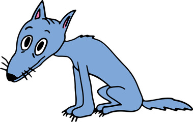 Sad blue wolf with big eyes sits and looks at the camera