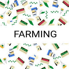 Seamless Farming Pattern With Crops And Tools In Flat Vector Illustration Symbolizing Agriculture, Sustainability, And Gardening, Isolated On White Background.