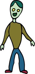 anthropomorphic zombie man with yellow eyes without pupils in jeans pants dirty clothes stands smiling and looking at the camera