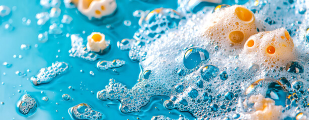 Bubbles and foam create vibrant, playful scene on blue surface, evoking sense of freshness and joy. colorful elements add whimsical touch to composition