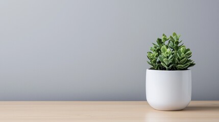 Fototapeta premium Small green plant in white pot standing on wooden table against gray wall, minimalist style