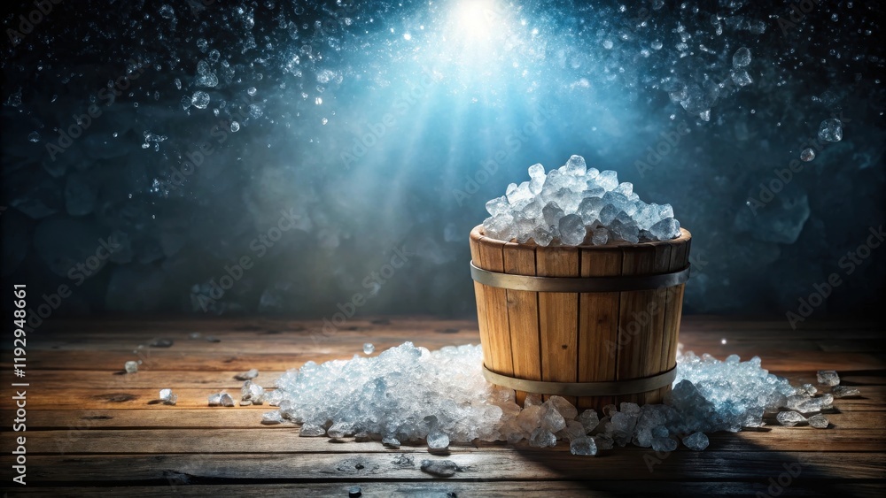 Poster wooden bucket overflowing with glistening ice cubes on a rustic wooden surface, illuminated by a dra