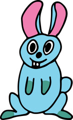 funny cute blue hare with protruding teeth sits smiling and looking at the camera