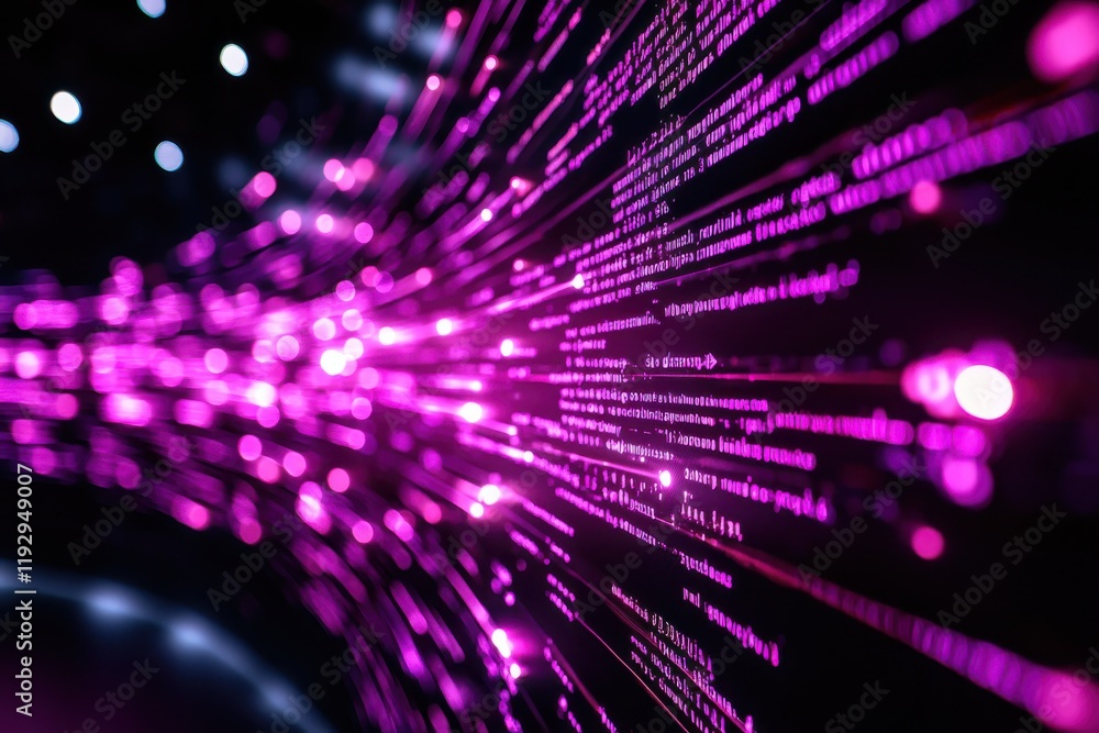 Poster a vibrant abstract depiction of pink light streaks and binary code, symbolizing technology, data flo