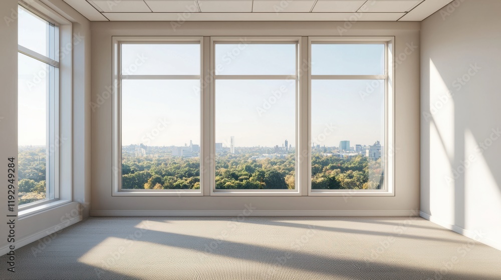 Poster empty office room with floor-to-ceiling windows maximizing natural light
