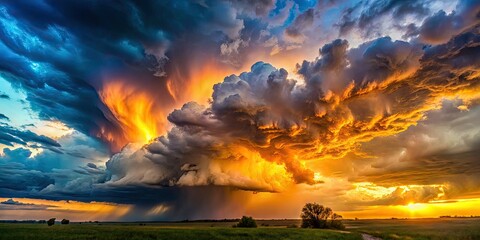 Vintage sunset panorama:  bright sky clashes with a dramatic cloudburst.