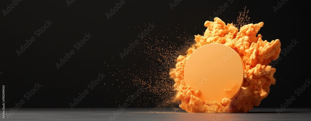 Aufkleber a vibrant orange sphere explodes in a cloud of dust and particles against a dark background, creatin