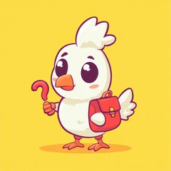 Cute chick student with backpack, question mark, yellow background