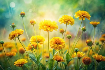 Fototapeta premium Watercolor floral double exposure: bright yellow blossoms, lush green stems in botanical style.