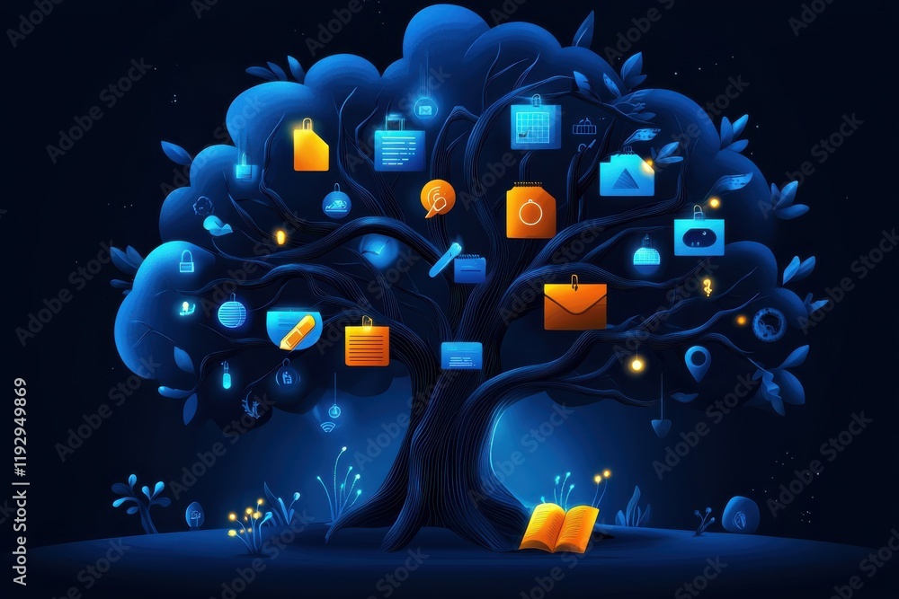 Poster a digital tree illuminated with icons representing files and communication, symbolizing knowledge, t