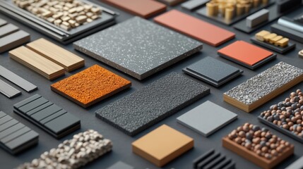 Displaying various construction and finishing materials like wood, metal, concrete, and stone, highlighting textures, colors, and patterns for architectural and interior design projects