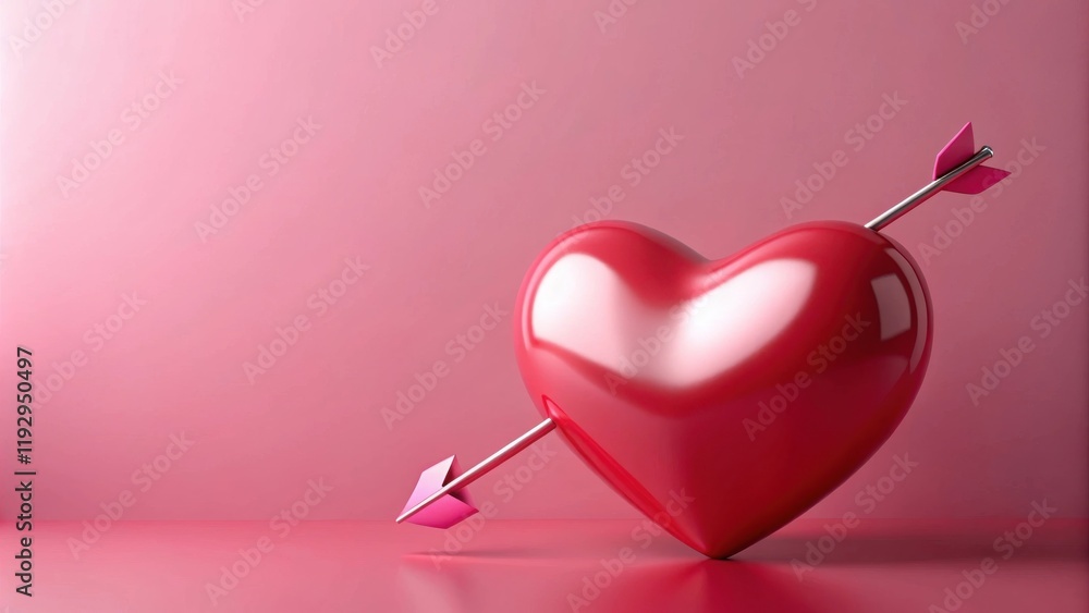 Poster a shiny red heart pierced by a cupid's arrow on a pink background
