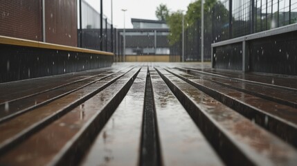 Obraz premium Wet wooden planks on outdoor court in rain.