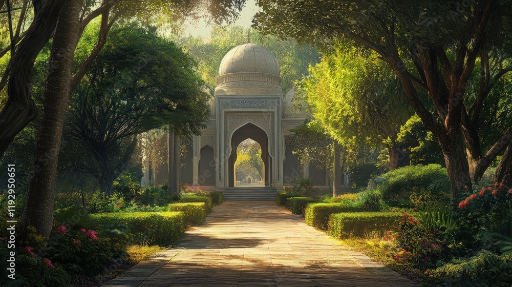 Poster a serene path through lush greenery leading to a domed structure architecture