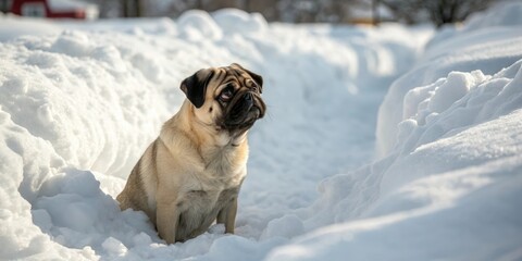 A pug sits on its haunches in the center of a large snowdrift with its ears perked up and eyes shining bright, peaceful, pug