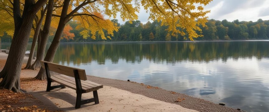 A quiet wooden bench sits atop the shoreline of Pewaukee Lake gazing out onto the calm waters on a gray cloudy morning with trees in the background, serenity, wisconsin