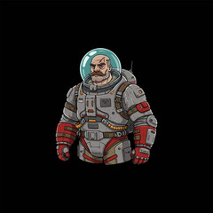 A stylized illustration depicts a stern looking, older male astronaut in a retro-futuristic spacesuit.