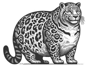 Fototapeta premium chubby fat leopard with bold spots, combining humor and retro artistic style sketch engraving generative ai raster illustration. Scratch board imitation. Black and white image.