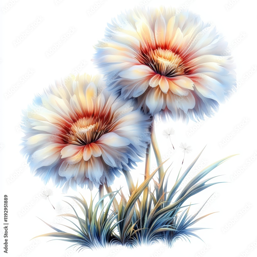 Poster delicate dandelion flowers with soft petals and subtle colors in an abstract style