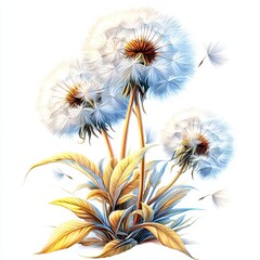 Obraz premium Ethereal White Dandelions with Soft Petals and Graceful Leaves on a Light Background