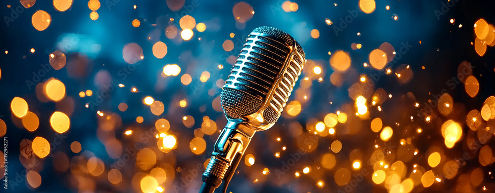 Poster close up of microphone on stage with blurred background of sparkling lights, creating vibrant atmosp